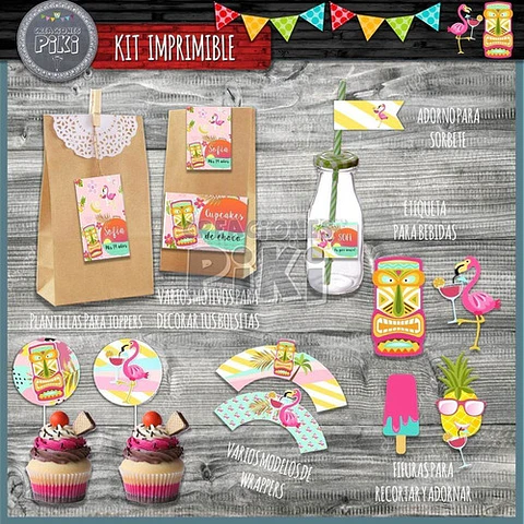 Kit Imprimible Candy Bar Flamencos Anana Tropical Hawaiana 