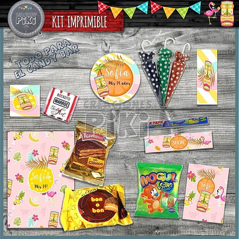Kit Imprimible Candy Bar Flamencos Anana Tropical Hawaiana 