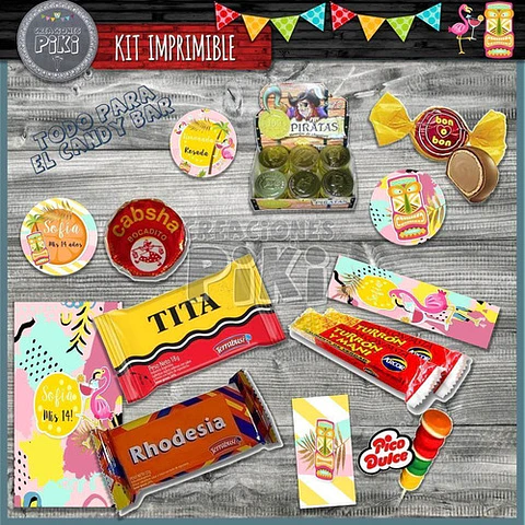 Kit Imprimible Candy Bar Flamencos Anana Tropical Hawaiana 