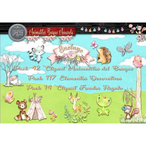 Pack Imágenes Clipart Animales Animalitos Bosque Acuarela