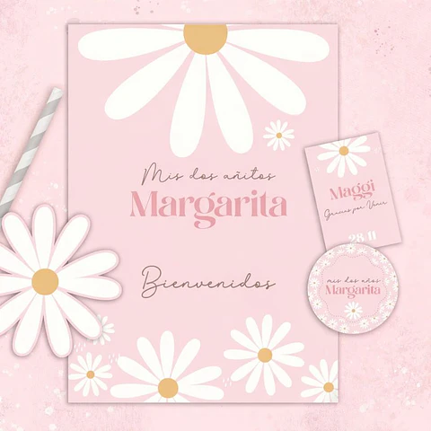 Kit Imprimible Margaritas Rosadas Editable en Pdf