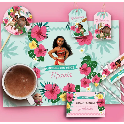 Kit Imprimible Moana Tropical Nena, Editable 
