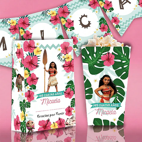 Kit Imprimible Moana Tropical Nena, Editable 