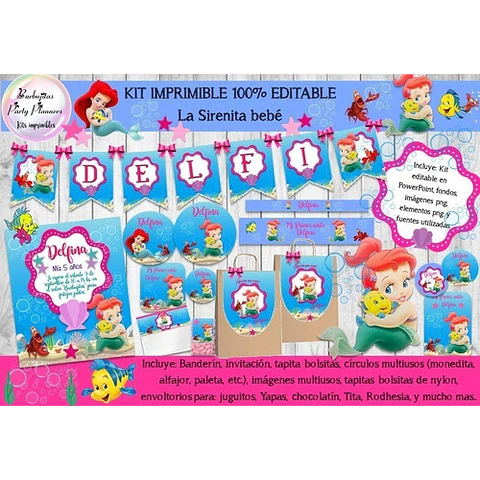Kit Imprimible Candy Bar La Sirenita Bebe Nena 100% Editable