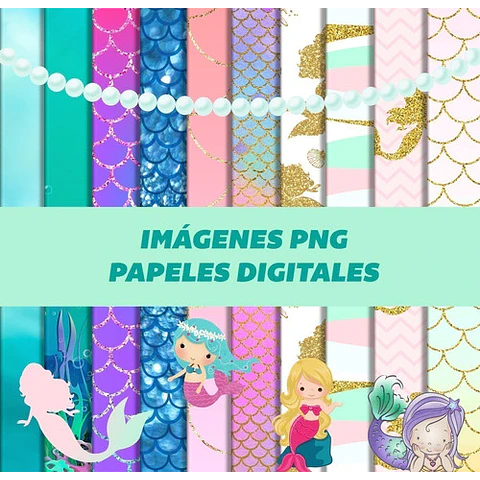 Kit Digital Colección Sirenas Clipart Png Papeles Digitales