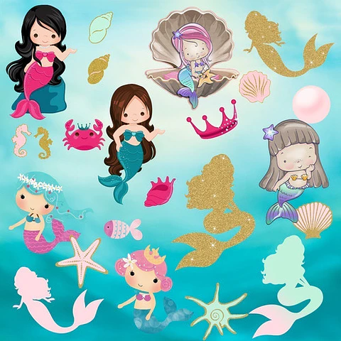 Kit Digital Colección Sirenas Clipart Png Papeles Digitales