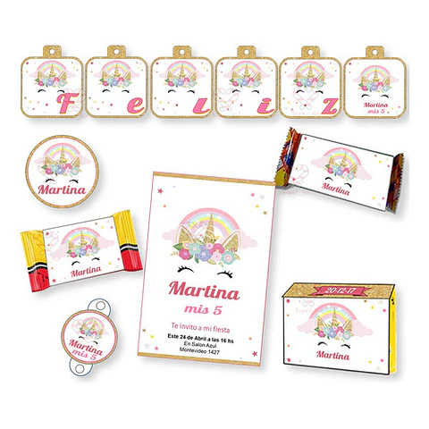 Kit Imprimible Unicornio Dorado Editable