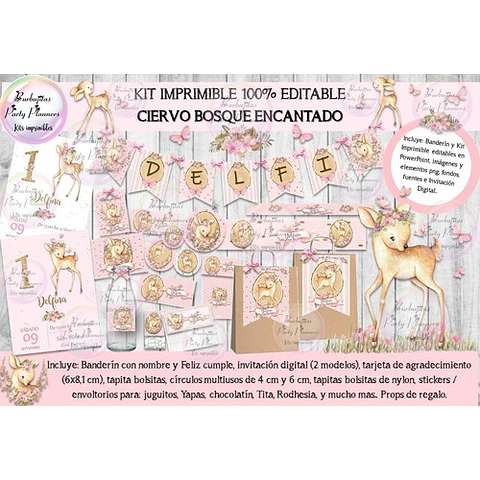 Kit Imprimible Ciervo Del Bosque Encantado  100% Editable