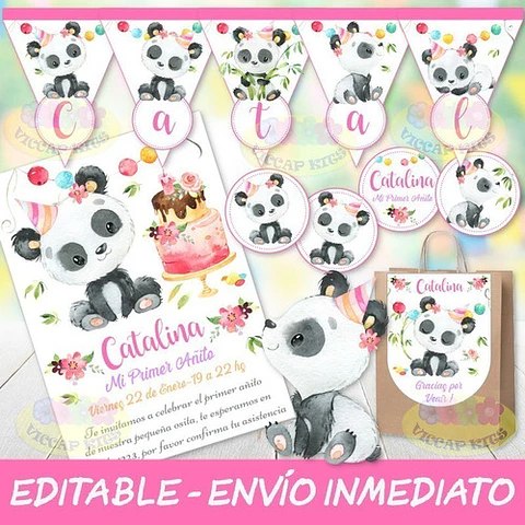 Kit Imprimible Oso Panda Nena Bambu 100% Editable Candy Bar