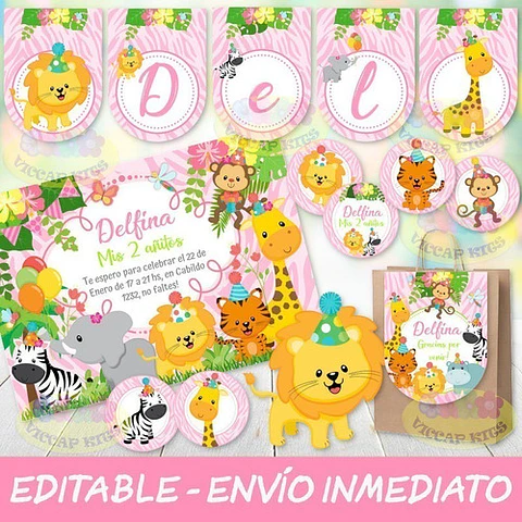 Kit Imprimible Animales De La Selva Nena 100% Editable Candy