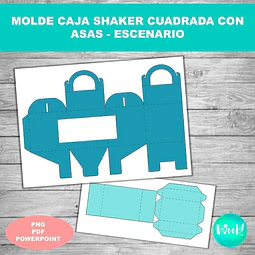 Kit Imprimible Molde Caja Shaker Cuadrada Con Asas Escenario