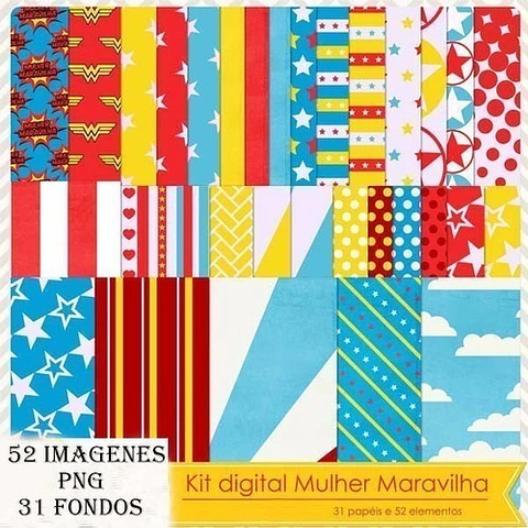 Kit Imprimible Mujer Maravilla 02 -  52 Clipart  31 Fondos