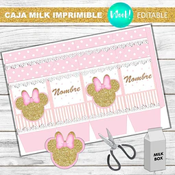 Caja Milk Box Imprimible Editable Minnie Rosa Y Dorado