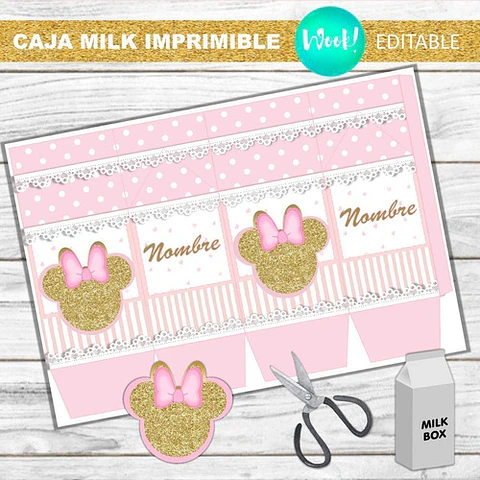 Caja Milk Box Imprimible Editable Minnie Rosa Y Dorado