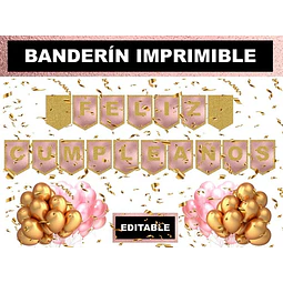 Kit Imprimible Banderín Feliz Cumpleaños Dorado Y Rosa