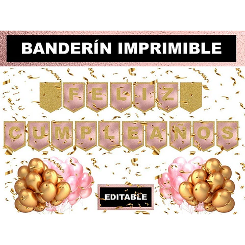 Kit Imprimible Banderín Feliz Cumpleaños Dorado Y Rosa