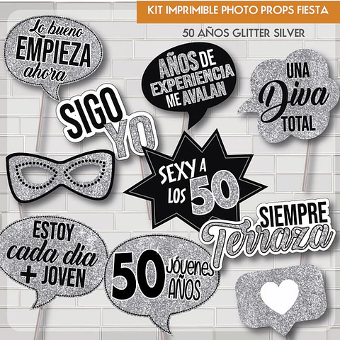 Imprimible Photo Props Cartelito 50 Años Cumpleaños Glitter
