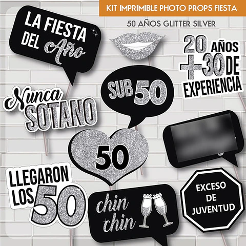 Imprimible Photo Props Cartelito 50 Años Cumpleaños Glitter