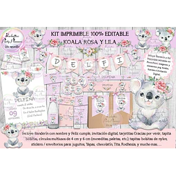 Kit Imprimible Candy Bar Koala Rosa Y Lila 100% Editable
