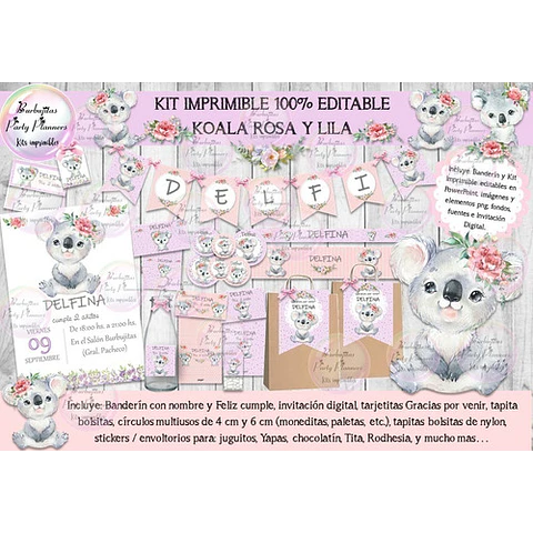 Kit Imprimible Candy Bar Koala Rosa Y Lila 100% Editable