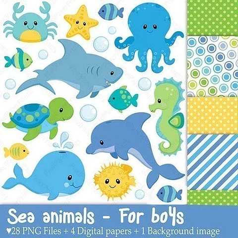 Kit Imprimible Animales Marinos 2 - 33 Png 6 Fondos