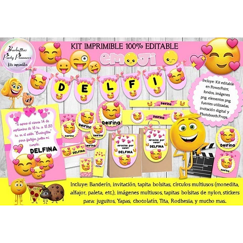 Kit Imprimible Candy Bar Emoji Rosa 100% Editable