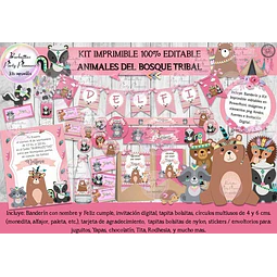 Kit Imprimible Animales Del Bosque Tribal Rosa 100% Editable