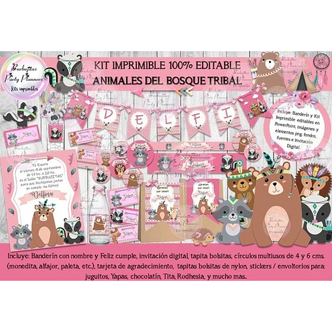 Kit Imprimible Animales Del Bosque Tribal Rosa 100% Editable