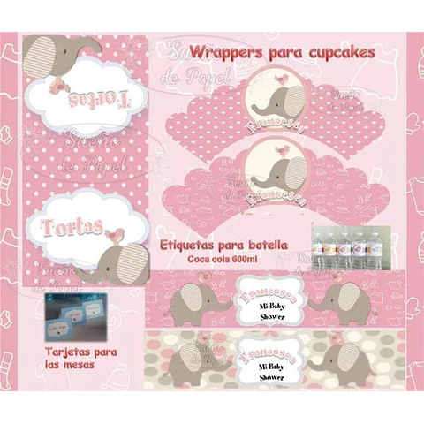 Kit Imprimible Elefante Rosa Editable
