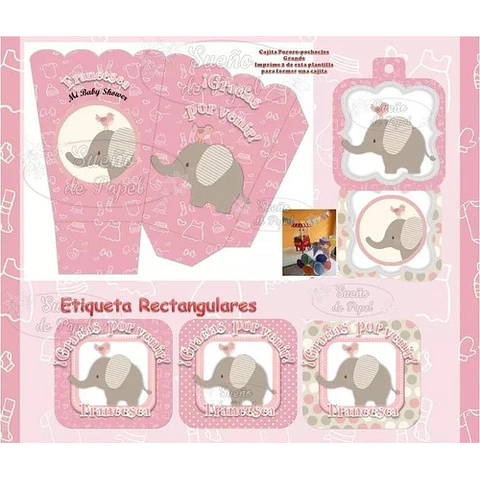 Kit Imprimible Elefante Rosa Editable