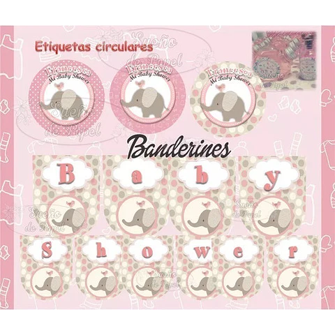 Kit Imprimible Elefante Rosa Editable
