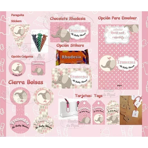 Kit Imprimible Elefante Rosa Editable