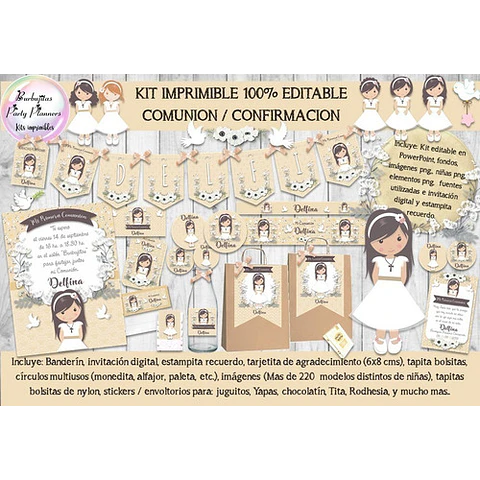 Kit Imprimible Comunion Beige Niña 1 - 100% Editable