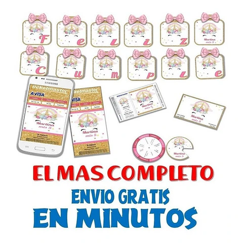 Kit Imprimible Candy Bar Unicornio Dorado El Mas Completo