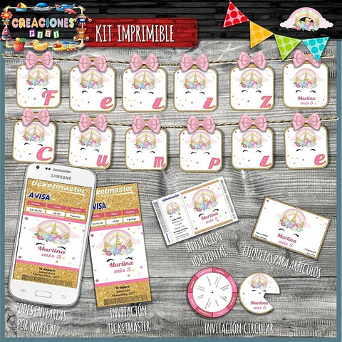 Kit Imprimible Candy Bar Unicornio Dorado El Mas Completo