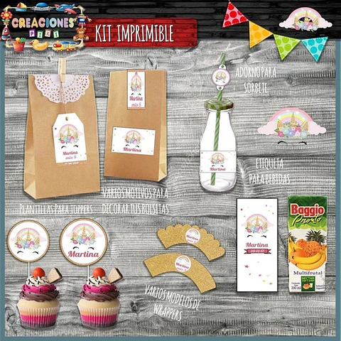 Kit Imprimible Candy Bar Unicornio Dorado El Mas Completo