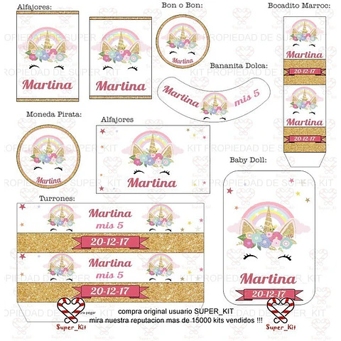 Kit Imprimible Unicornio Dorado Editable