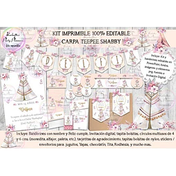Kit Imprimible Candy Bar Carpa Teepee Shabby 100% Editable