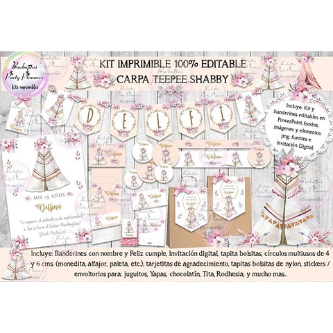 Kit Imprimible Candy Bar Carpa Teepee Shabby 100% Editable