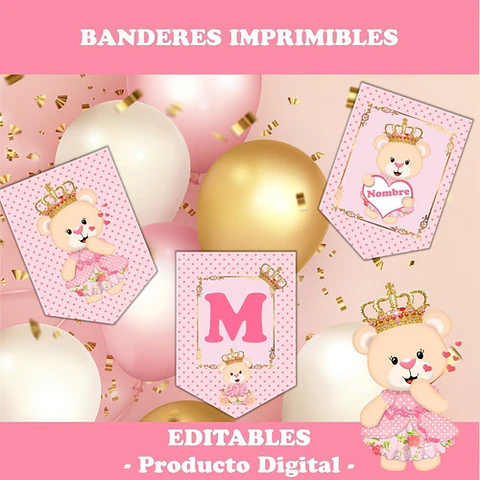 Kit Imprimible Banderines Mi Baby Shower Osita Princesa