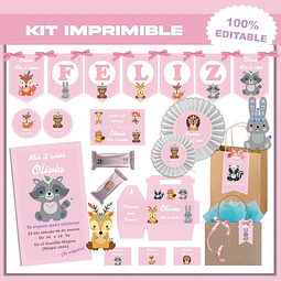 Kit Imprimible Animalitos Nórdicos Rosa Candy Bar Editable