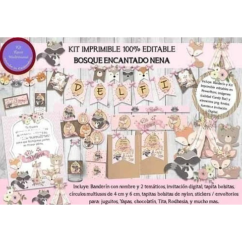 Kit Imprimible Animales Encantado Rosa Cumpleaños Candy Bar