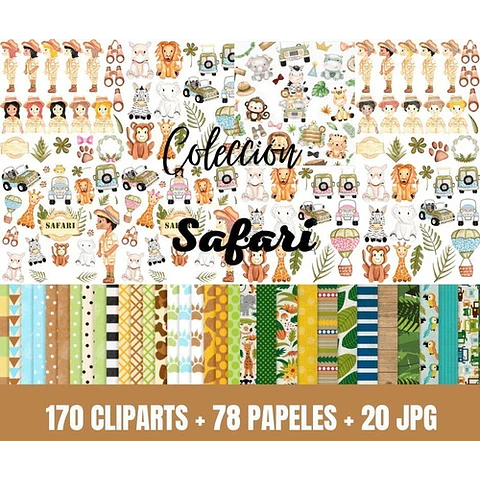 Kit Imprimible Colección Cliparts + Papeles Digitales Safari