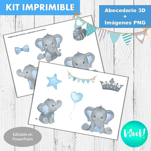 Kit Imprimible Letras 3d Editables Elefante Bebé Celeste