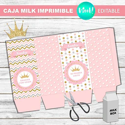 Caja Milk Box Imprimible Editable Corona Rosa Y Dorado 