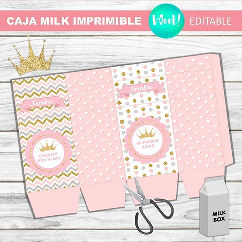 Caja Milk Box Imprimible Editable Corona Rosa Y Dorado 