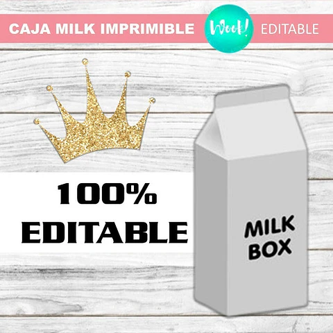 Caja Milk Box Imprimible Editable Corona Rosa Y Dorado 
