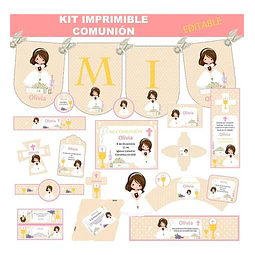Kit Imprimible Comunión Nena 100% Editable Candy Bar Deco