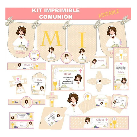 Kit Imprimible Comunión Nena 100% Editable Candy Bar Deco