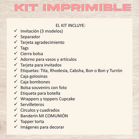 Kit Imprimible Comunión Nena 100% Editable Candy Bar Deco